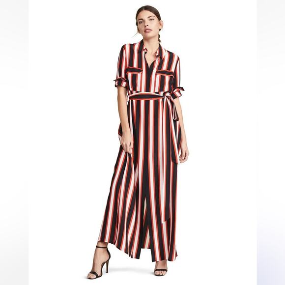 L’agence 100% Silk Cameron Striped dress Long Sleeve Shirt Maxi vacation summer - Picture 1 of 11